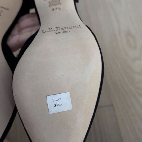 L.K. Bennett Black Suede Pump Pom Pom Trim Ankle Strap - Picture 7 of 7